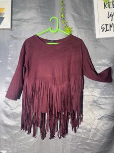 Bershka Maroon Fringed Top
