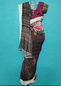 Brown lenin cotton saree