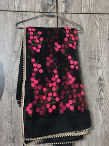 Black Net saree with Pink Floral Embroidery