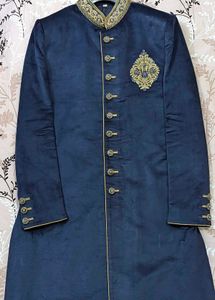 Navy Blue Velvet Designed Sherwani