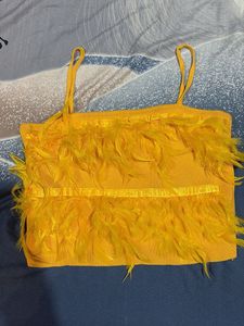 Yellow Feather Trim Crop Top