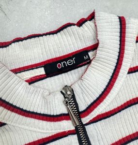 Striped Cropped T-Shirt with Zipper Neck