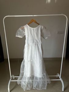 Sheer White Puff Sleeve Tiered Midi Dress