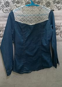 Boho Denim Shirt with Lace Shoulder Detail