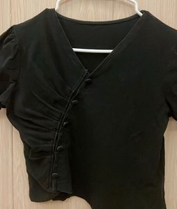 Black V-Neck Ruched Blouse