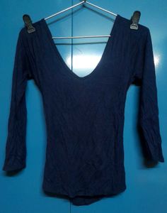Fitted Navy Blue Crossover Cut-Out Backless Top