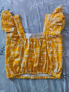 Aesthetic Mustard Yellow Ruffle Sleeve Crop Top (F