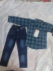 Boys Plaid Shirt and Denim Jeans Set with belt