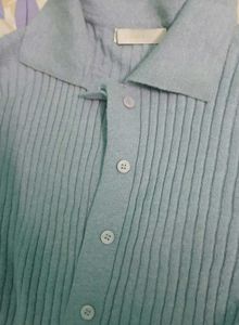 Light Blue Ribbed Knit Button-Up