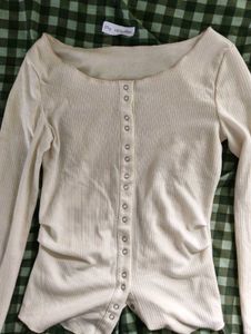 Cream Ribbed Button-Up Long Sleeve Top