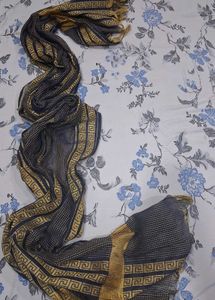 Navy Blue Tissue Dupata Golden Zari Border + Scarf