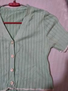 Mint Green Button-Up Knit Top