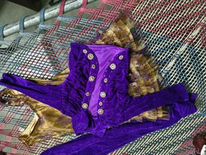 Girls Ethnic Golden &amp; Purple Ruffled Dress