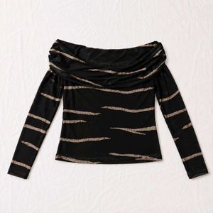 Off-Shoulder Striped Mesh Top