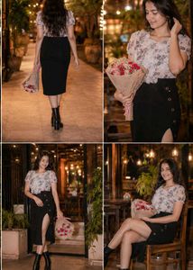 Elegant Floral  &amp; Black Skirt Set