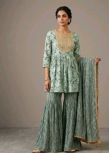 Green Printed Kurta Set with sharara and Dupatta