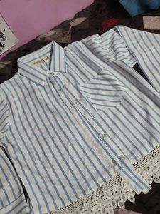 Blue Striped Smocked Top &amp; Shirt Set