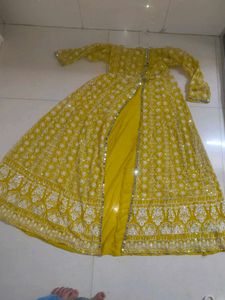 Women's Yellow Embroidered Anarkali Gown with Mirr