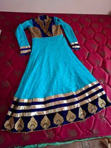 Teal &amp; Gold Embellished Anarkali Dress