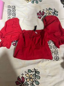 Red Off-Shoulder Puff Sleeve Crop Top