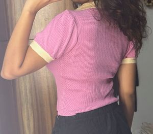 Cute Pink Daisy Knit Polo Top