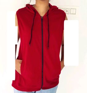Sleeveless Dark Red Zipper Hoodie XL Size Women