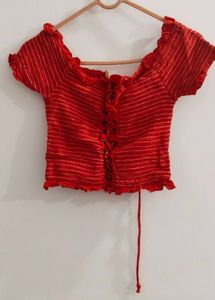 Red Striped Lace-Up Crop Top