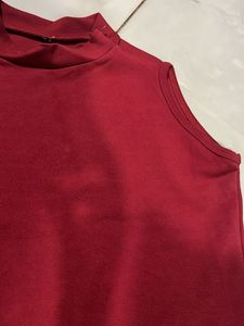 Sleeveless Red Top with Striped Hem