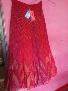 Red and Maroon Ethnic Skirt with Golden Print