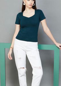 Teal Square Neck Cap Sleeve Top