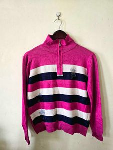 Chic Pink Striped Zip-Neck Sweater