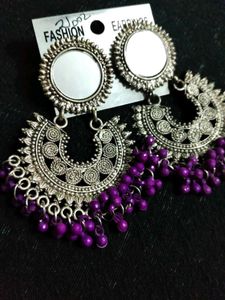 Oxidized Silver Jhumka Earrings with Purple Beads