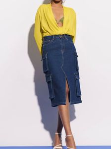 FREAKINS | Denim Cargo-Pockets Midi Skirt