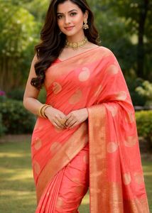 Elegant Coral Saree with Gold Border