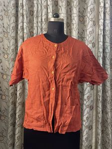 Orange Linen Blend Button-Up Top