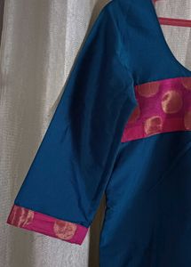 Blue Kurti with Brocade Neckline