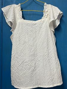 White Textured Square Neck Top