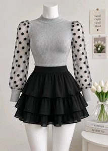 Grey Polka Dot Mesh Sleeve Top