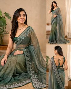 Stunning Embellished Ombre Green Saree