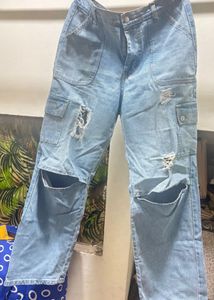 Distressed Cargo Jeans with Knee Cutouts