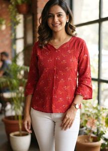 Chic Red Floral Print Kurta Top