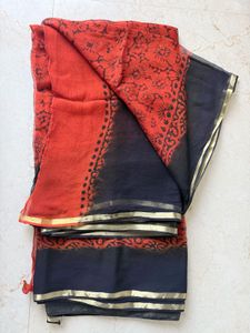 Rust Orange Block Print Georgette saree