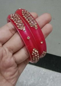 Red &amp; Gold Embellished Bangles (Set of 2)