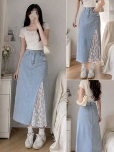 ⊹♡ Light Blue Denim Lace-Detail Midi Skirt 🩵🪽