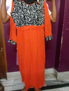 Vibrant Orange Kurta with Black Print