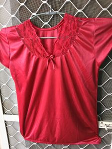 Red Satin Nightie with Lace Trim