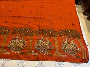 Vibrant Cotton 🍊Saree with Krishna Motif