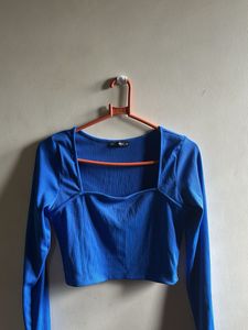 Ribbed Blue Square Neck Cropped Top