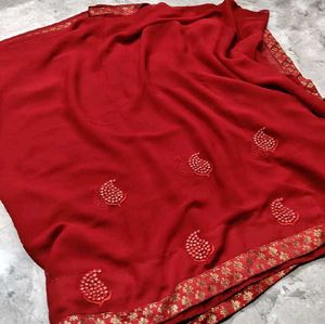 Vibrant Red Embroidered Saree