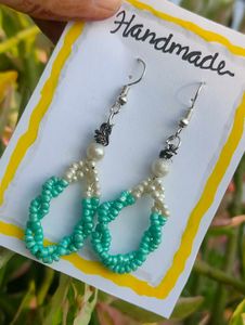 Handmade Sky blue &amp; white Beaded Dangle Earrings